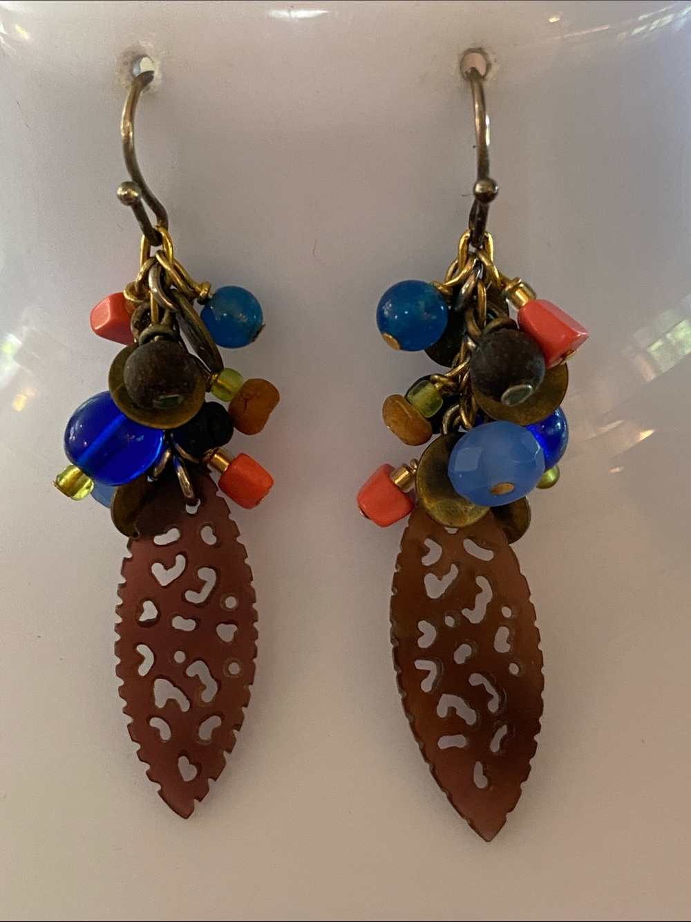 Handcrafted Multicolor Cluster Drop Earrings - Blue & Coral Accents